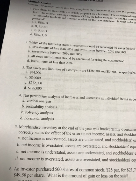  Multiple Choice indicate the answer choice that best completes the statement