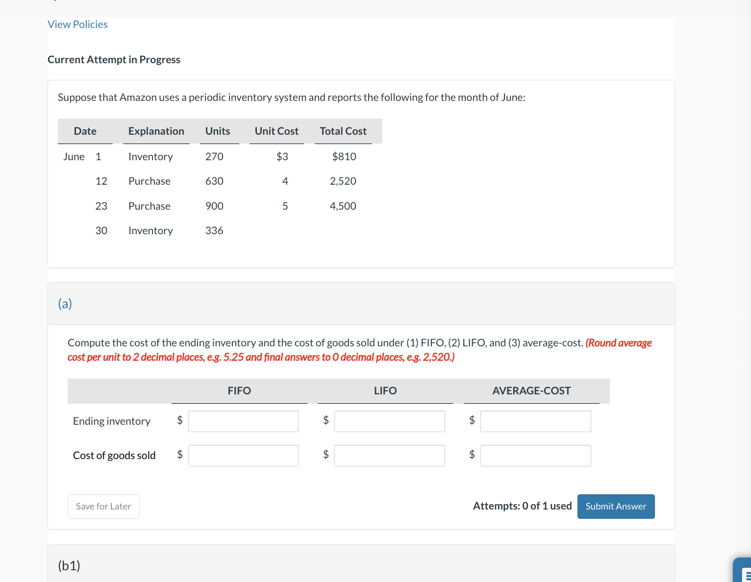  Current Attempt in Progress Suppose that Amazon uses a periodic inventory
