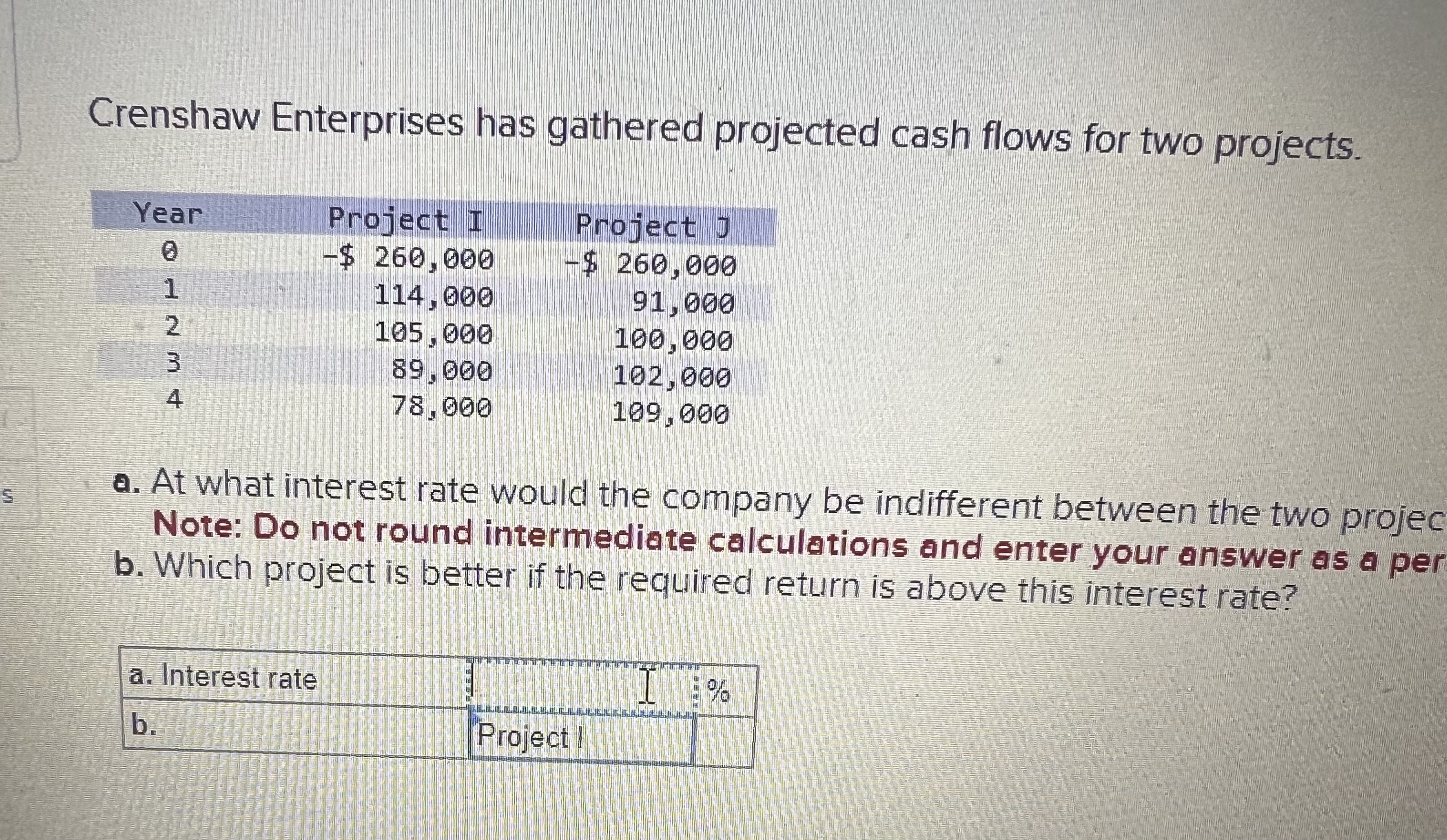 Crenshaw Enterprises has gathered projected cash flows for two projects. a.