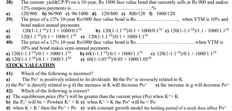  38) The current yield(CP/P) on a 10-year, Rs 1000 face value