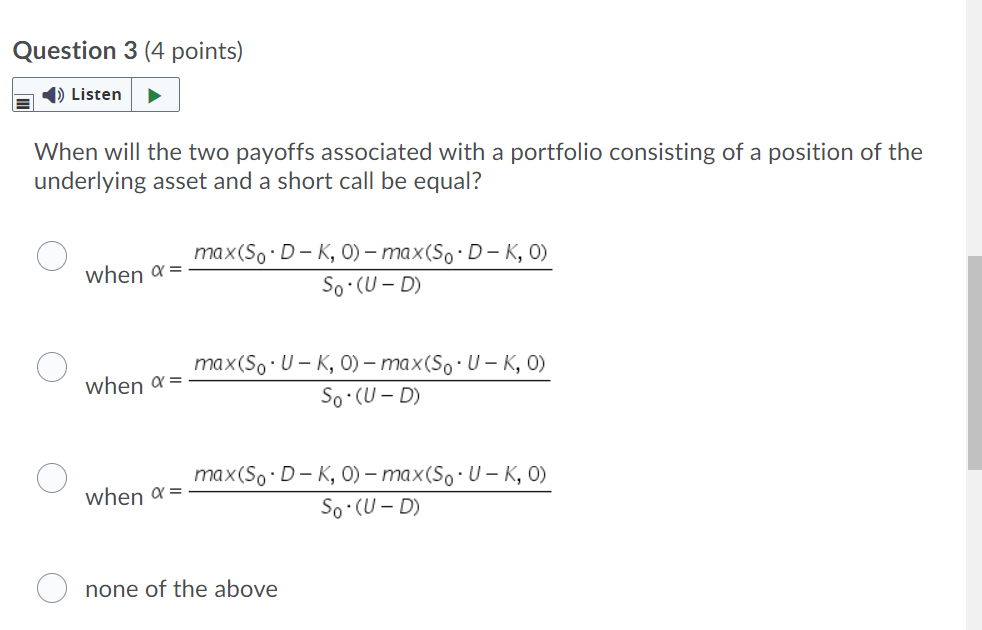 when will the two payoffs associated with a portfolio consisting of a
