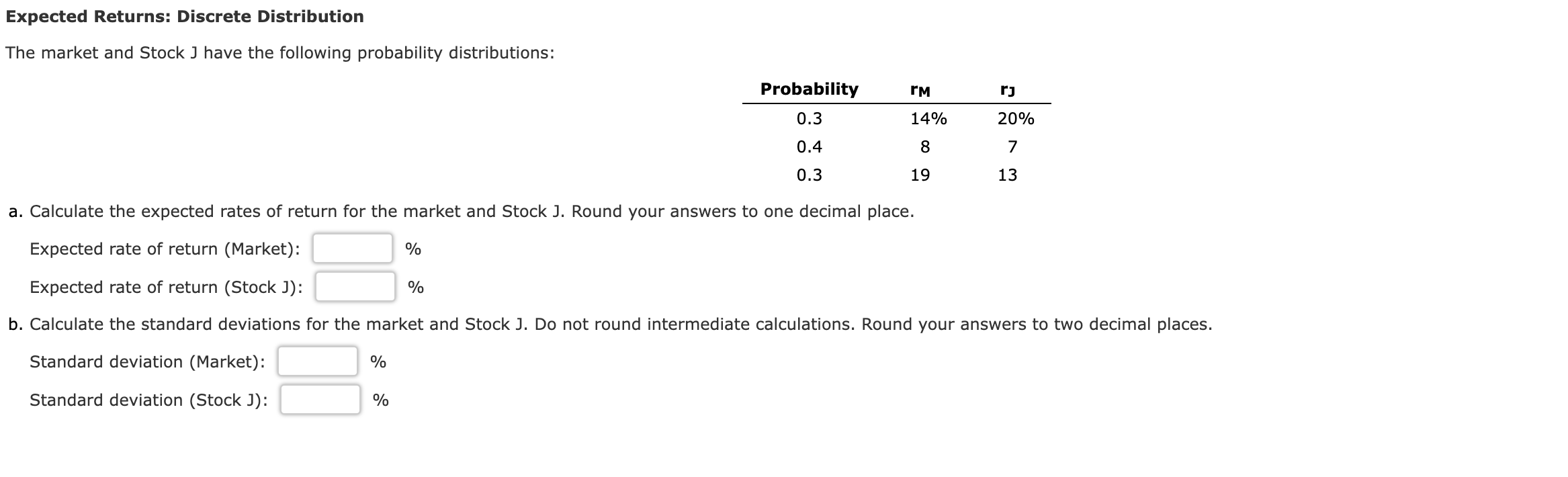  Expected Returns: Discrete Distribution The market and Stock J have the