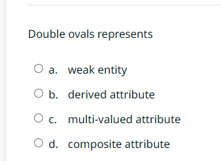  Double ovals represents a. weak entity b. derived attribute c. multi-valued