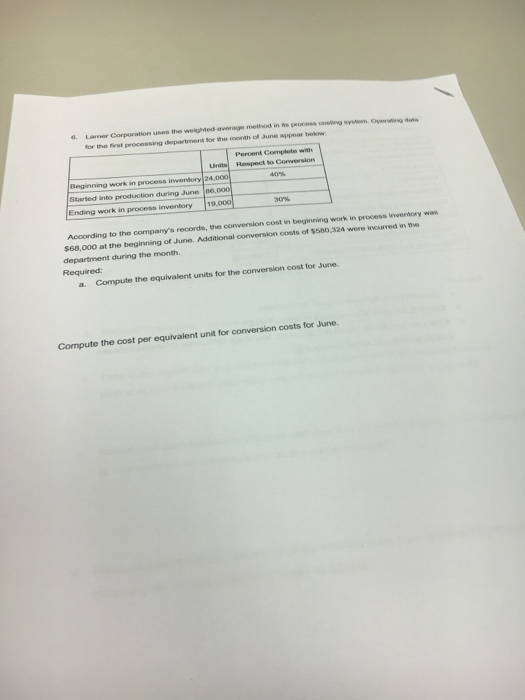  Lanner Corporation uses the weighted-average method in its process costing system.
