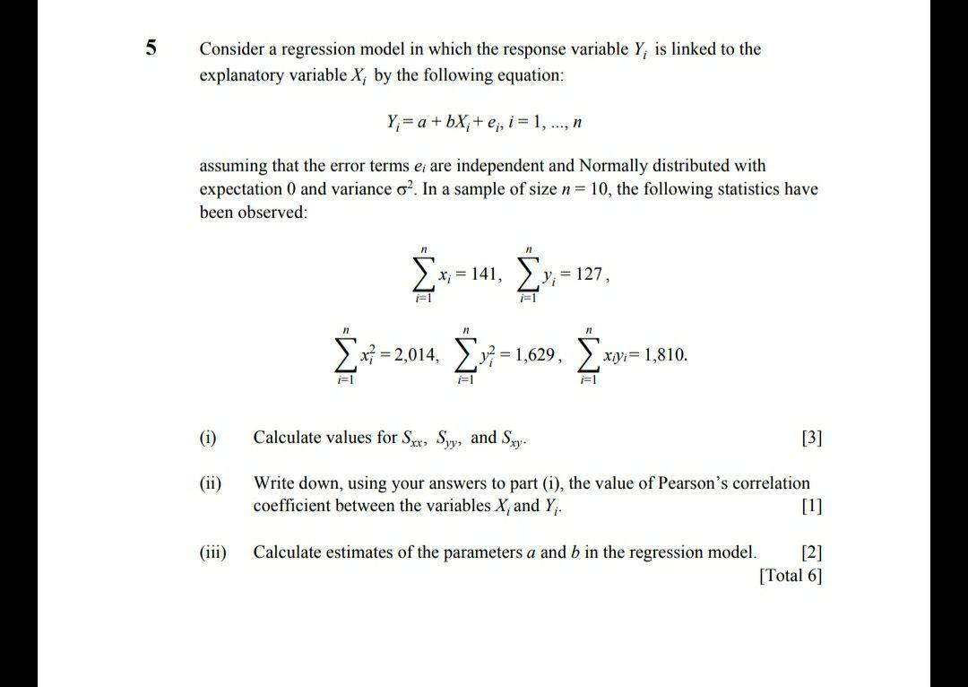  5 Consider a regression model in which the response variable Y;