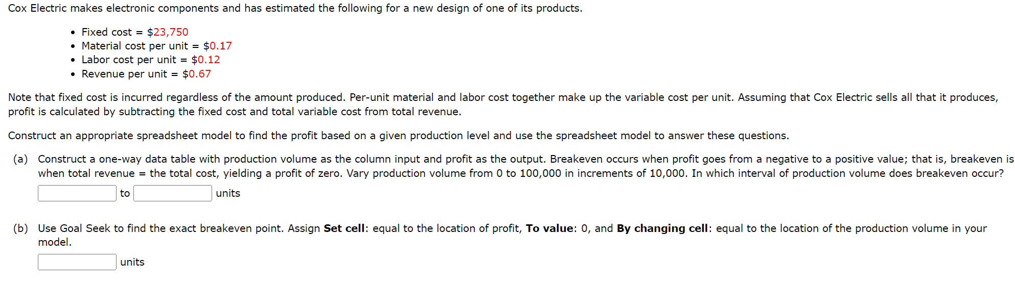  Cox Electric makes electronic components and has estimated the following for
