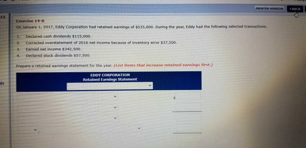  PRINTER VERSION BACK CES Exercise 14-8 On January 1, 2017, Eddy