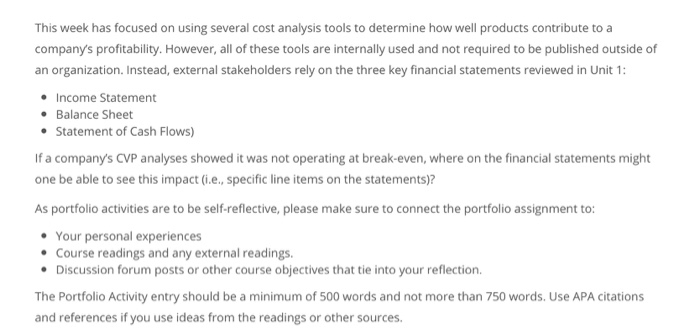  This week has focused on using several cost analysis tools to