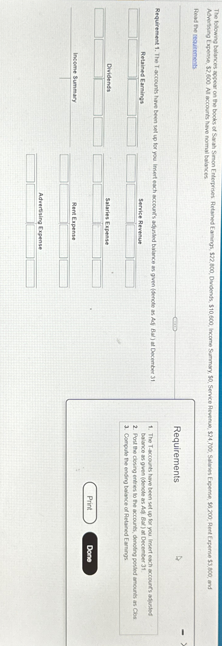  Advertising Expense, $2,600. All accounts have normal balances Read the requirements.