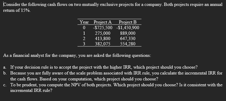  8. Consider the following cash flows on two mutually exclusive projects