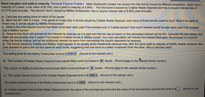  Bond valuation and yield to maturity Personal Finance Problem Mark Goldsmith's