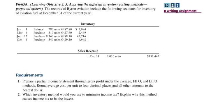  P6-63A. (Learning Objective 2, 3: Applying the different inventory costing methodsperpetual