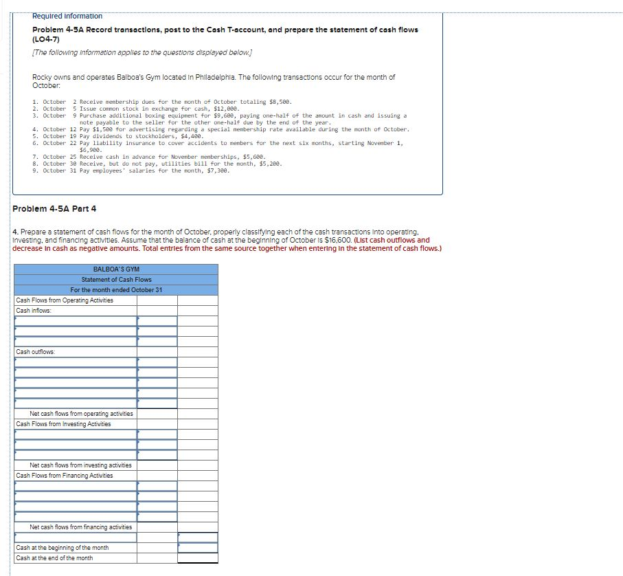 Required Information Problem 4-5A Record transactions, post to the Cash T-account,