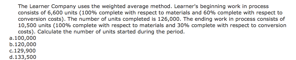 The Learner Company uses the weighted average method. Learner's beginning work