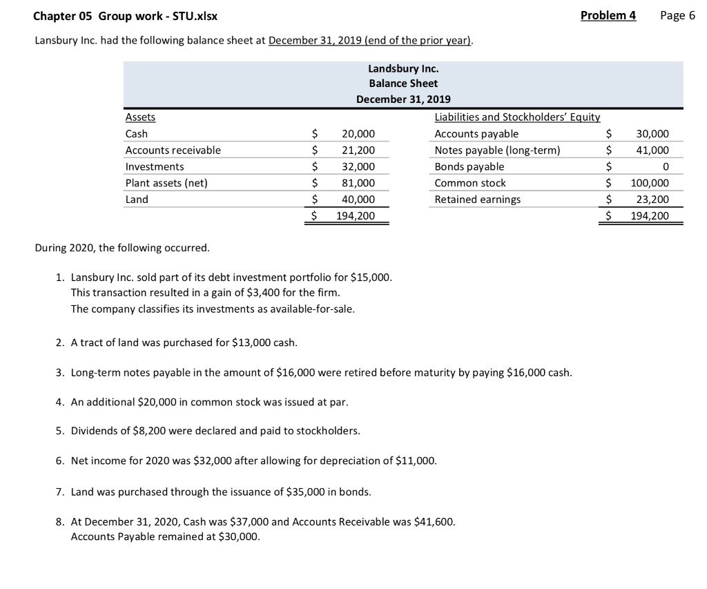 Problem 4 Page 6 Chapter 05 Group work - STU.xlsx Lansbury