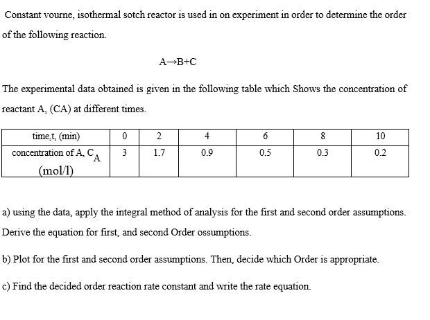  Constant volume, isothermal batch reactor is used in experiment in order