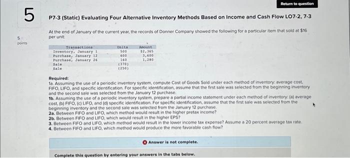  P7-3 (Static) Evaluating Four Alternative Inventory Methods Based on Income and