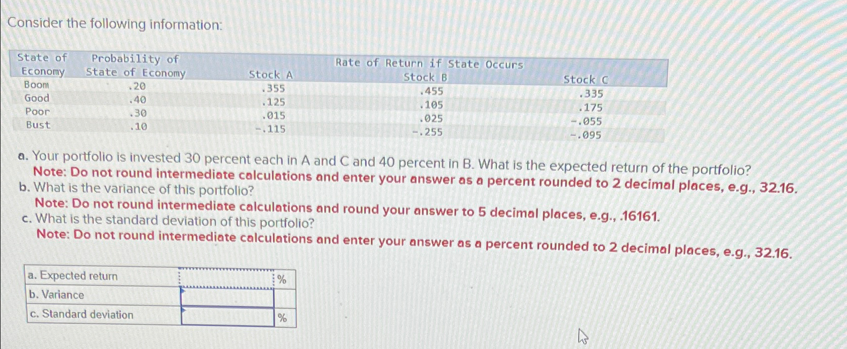  Consider the following information: \table[[\table[[State of],[Economy]],\table[[Probability of],[State of Economy]],Stock A,Rate of,\table[[Return