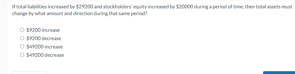  If total liabilities increased by $29200 and stockholders' equity increased by