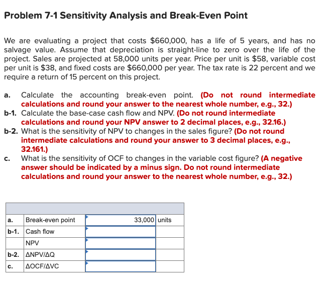Problem 7-1 Sensitivity Analysis and Break-Even Point a. We are evaluating