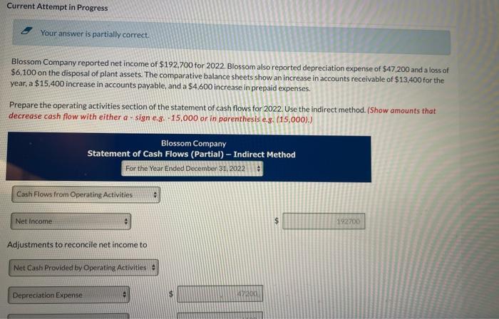  Current Attempt in Progress Your answer is partially correct. Blossom Company