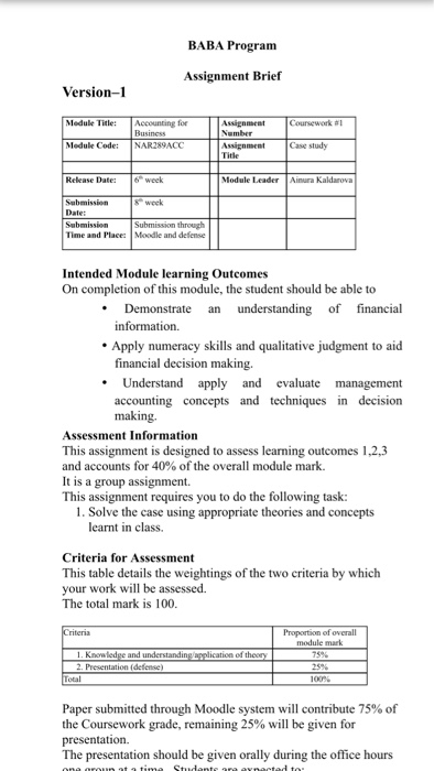  BABA Program Assignment Brief Version-1 Medule Title:Accounting for Coursework #1 Business