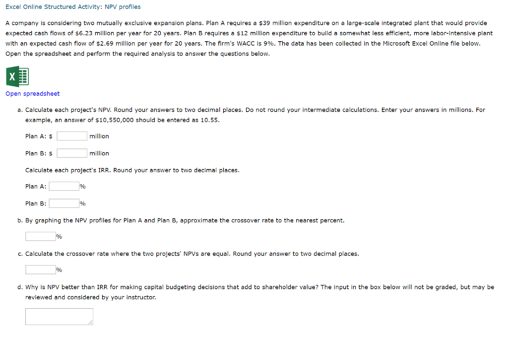 Excel Online Structured Activity: NPV profiles A company is considering two
