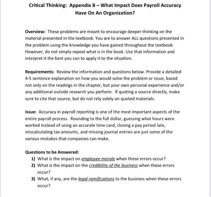  Critical Thinking: Appendix B - What Impact Does Payroll Accuracy Have