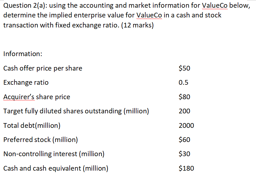  Question 2(a): using the accounting and market information for ValueCo below,
