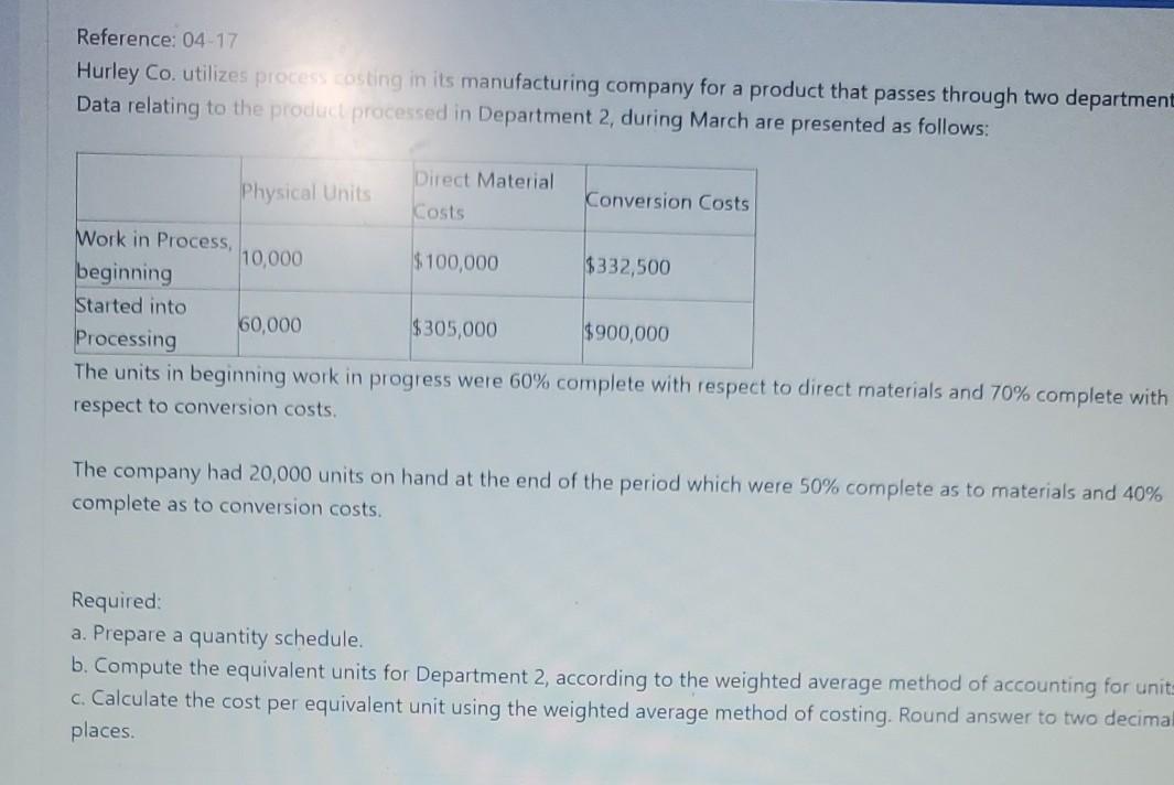  Reference: 04-17 Hurley Co. utilizes process costing in its manufacturing company