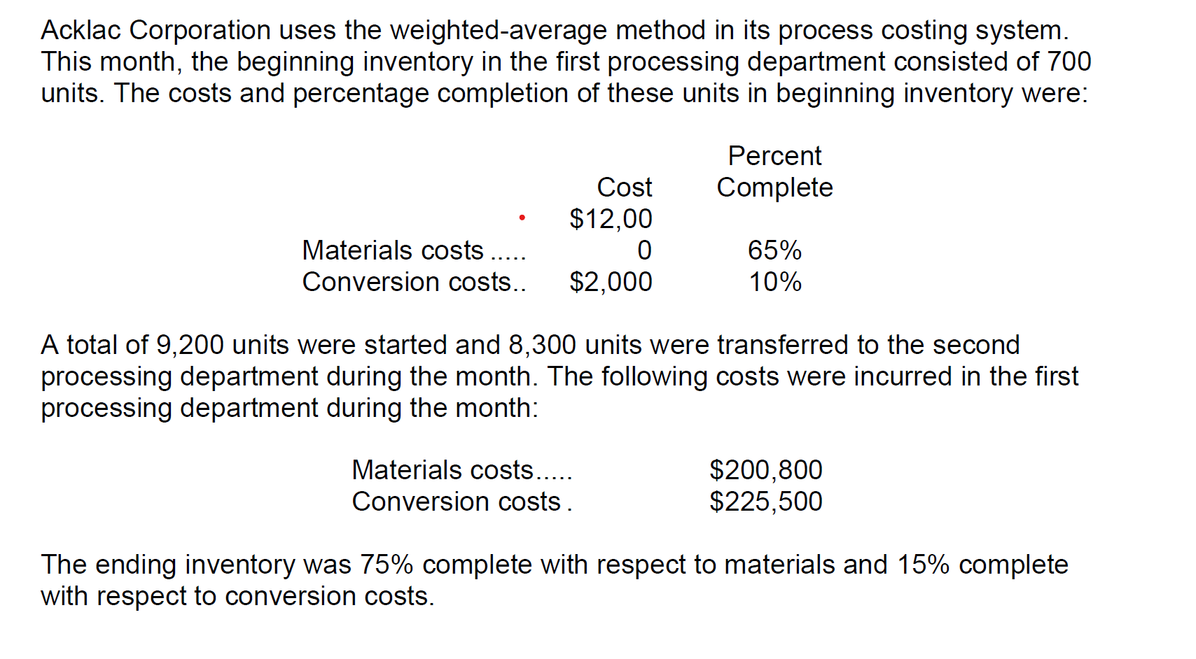 Acklac Corporation uses the weighted-average method in its process costing system.