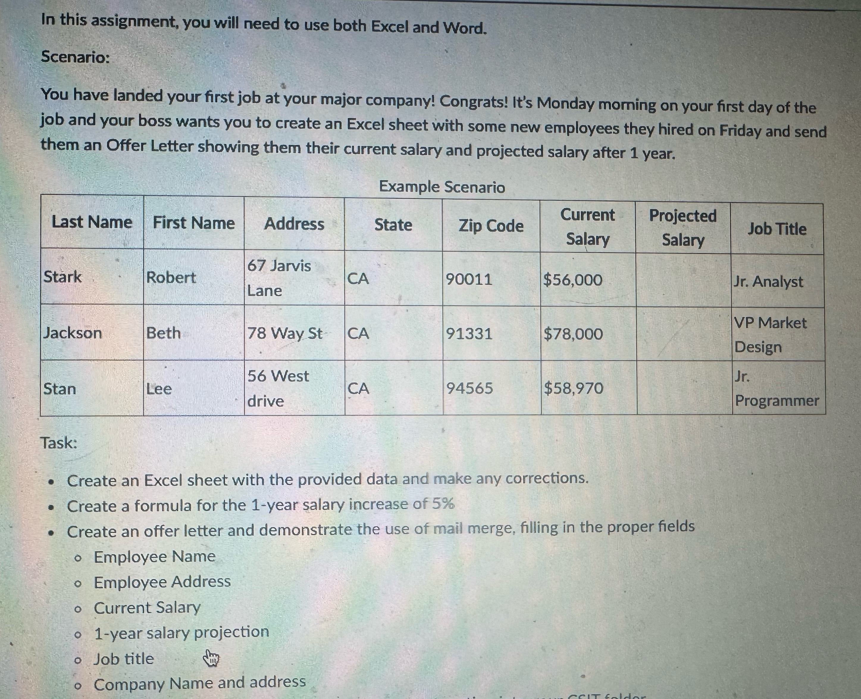  In this assignment, you will need to use both Excel and