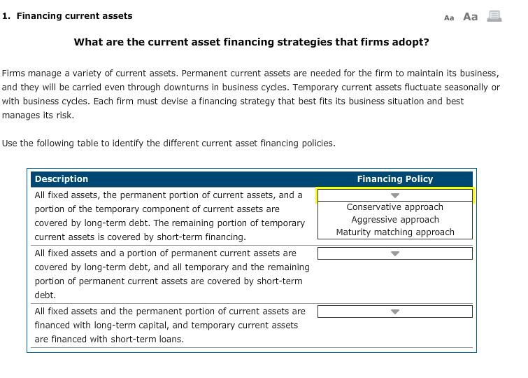  1. Financing current assets Aa Aa E What are the current