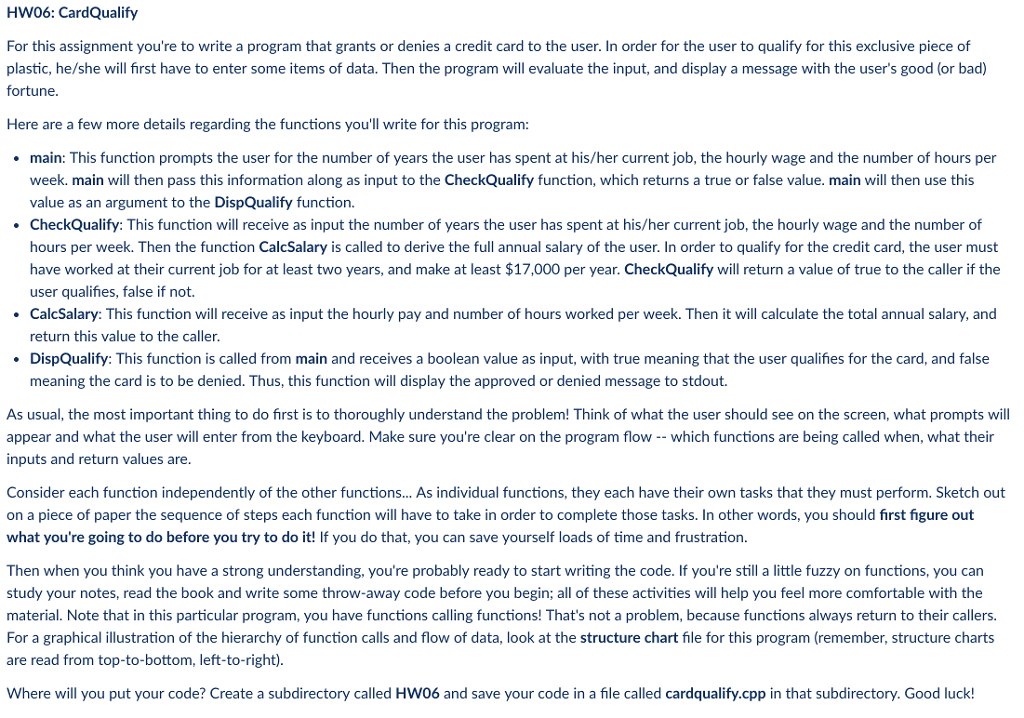  HW06: CardQualify For this assignment you're to write a program that