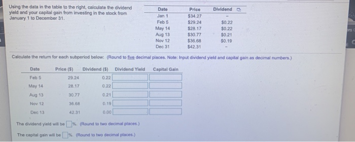  Dividend Using the data in the table to the right, calculate