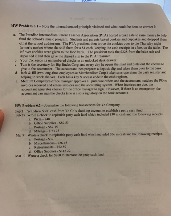  HW Problem 6.1 - Note the internal control principle violated and