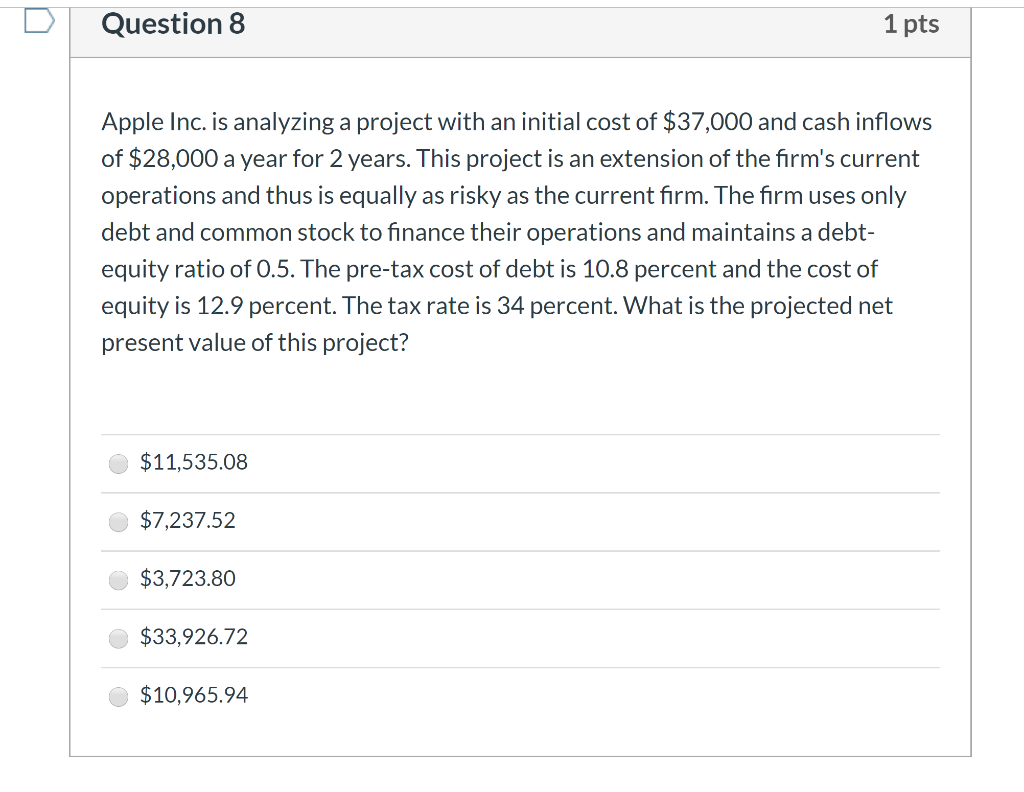  D Question 8 1 pts Apple Inc. is analyzing a project
