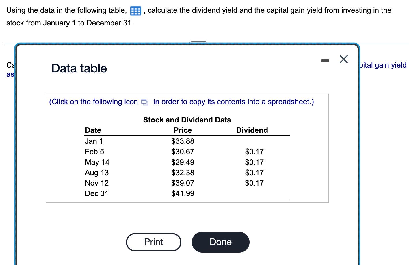  Jsing the data in the following table, , calculate the dividend