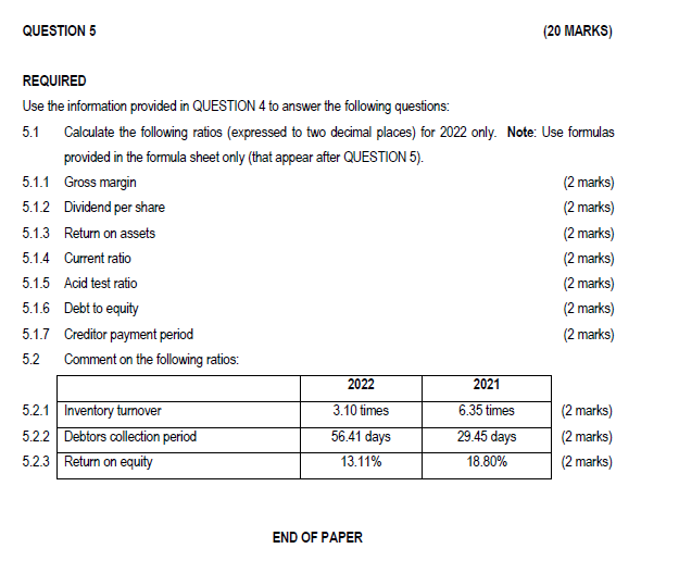 QUESTION 5 (20 MARKS) REQUIRED Use the information provided in QUESTION 4