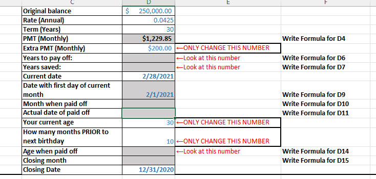 using the following: fill in the blanks using excel formulas. use the
