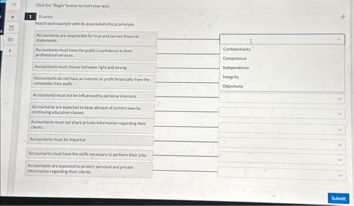 button to start your quiz. 1 20 points Match each example with