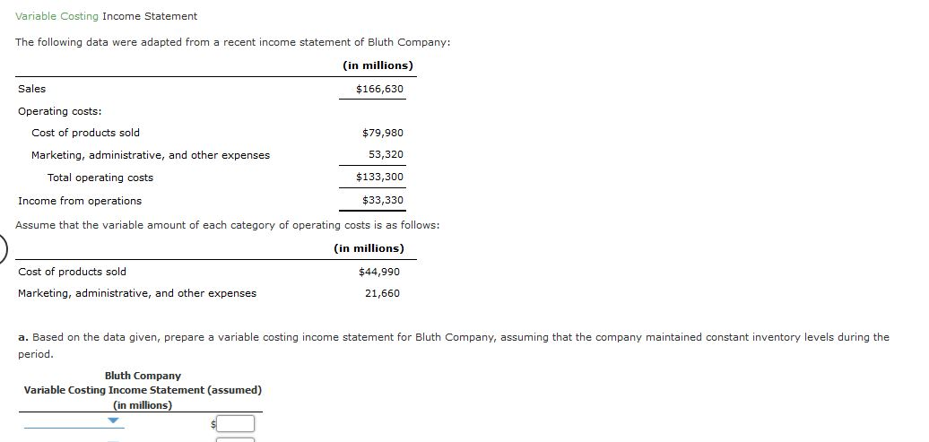  Variable Costing Income Statement The following data were adapted from a