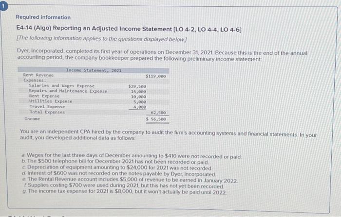  Required information E4-14 (Algo) Reporting an Adjusted Income Statement [LO 4-2,