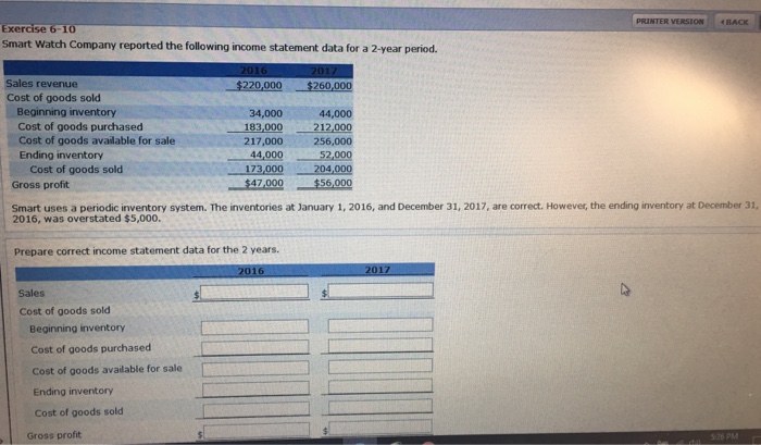  PRINTER VERSION smart watch company reported the followinginoome statement data for
