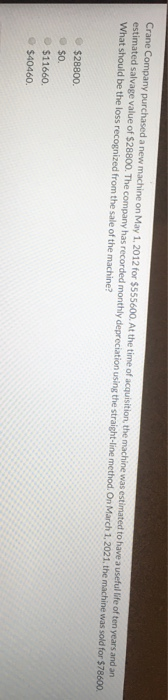  Crane Company purchased a new machine on May 1, 2012 for