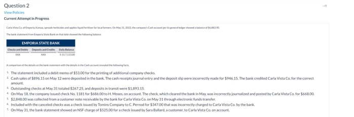  Question 2 View Policies Current Attempt in Progress EMPORIA STATE BANK