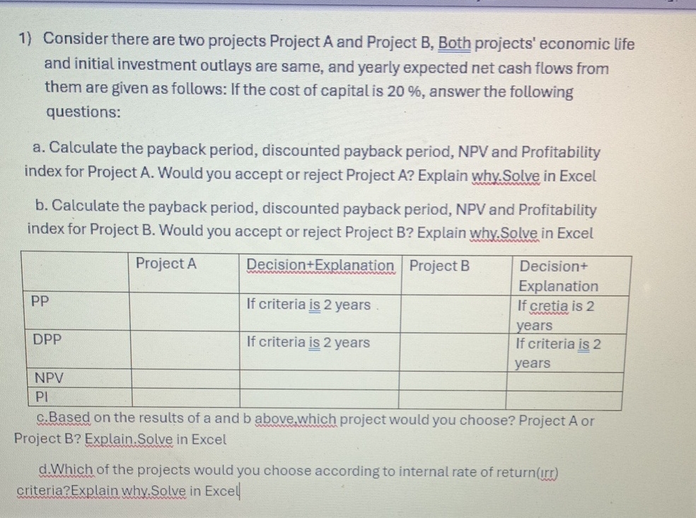  SOLVE N EXCEL. Consider there are two projects Project A and