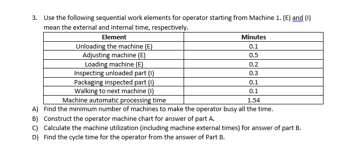 Minutes 3. Use the following sequential work elements for operator starting