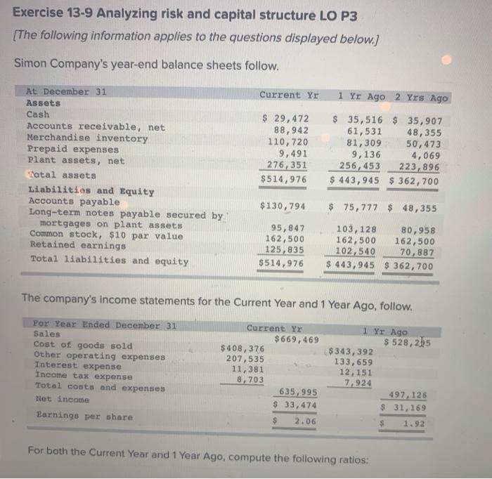  Exercise 13-9 Analyzing risk and capital structure LO P3 [The following