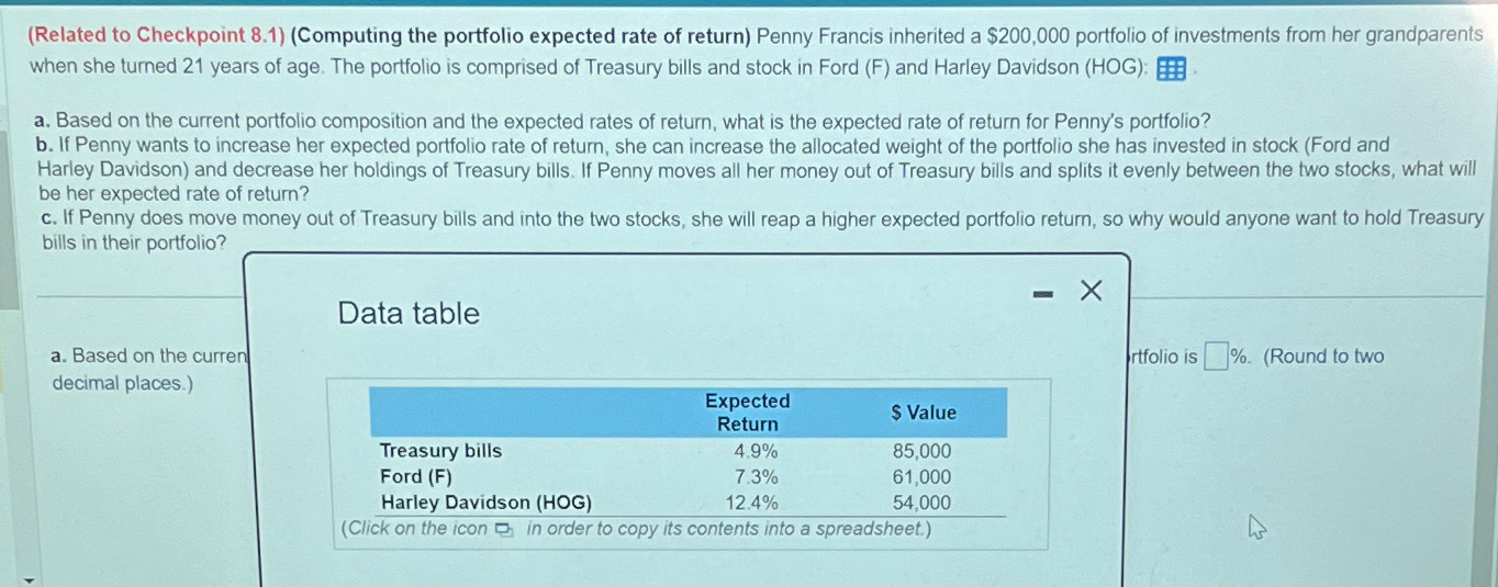  (Related to Checkpoint 8.1)(Computing the portfolio expected rate of return) Penny